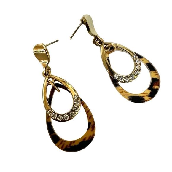 Tortoise shell gold tone rhinestone teardrop earrings - Picture 4 of 6
